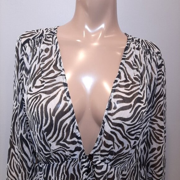 CREAM Zebra Print Blouse Long Sleeve Sheer Plunging Vneck Flowy Buttoned Front - Picture 2 of 15